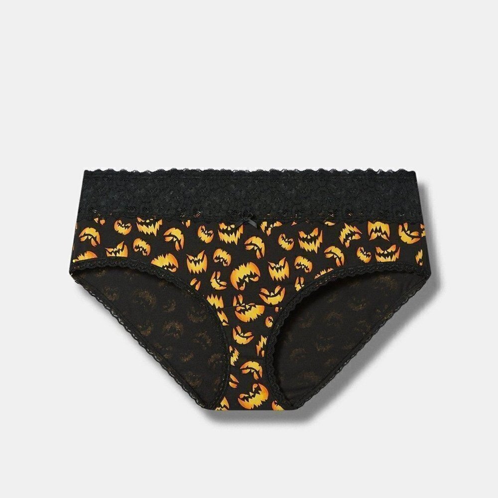 Torrid - Cotton Mid-Rise Hipster Lace Trim Panty in Jackolantern Faces Black